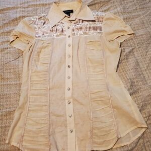 Y2k Beige Bebe Lace Trim Blouse Ruched Detail Rhinestone Button Sz M